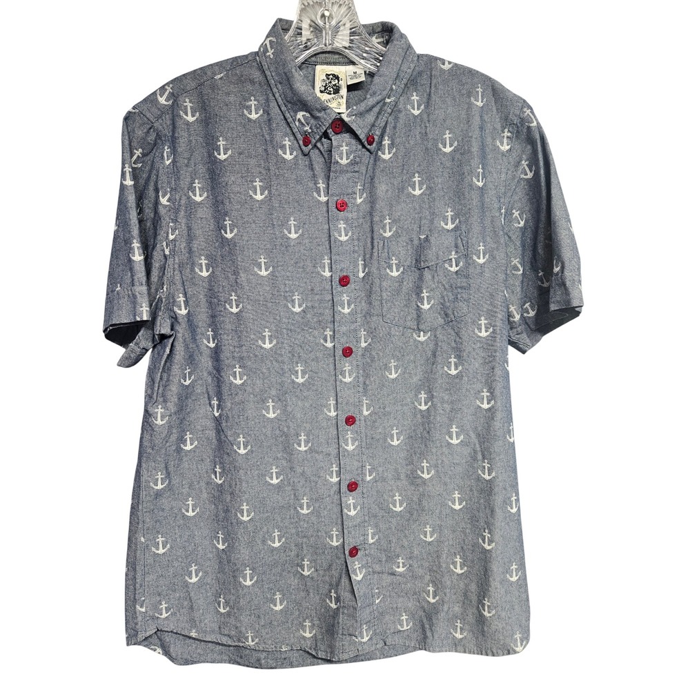 Kennington California Mens Blue Anchor Print Short Sleeve Button Down Shirt M